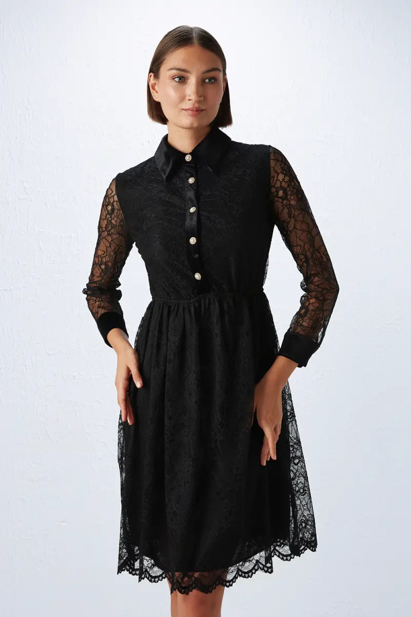 Velvet Trimmed Lace Dress - Black - 3