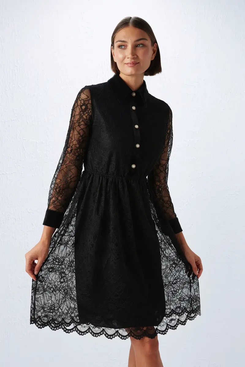 Velvet Trimmed Lace Dress - Black - 4
