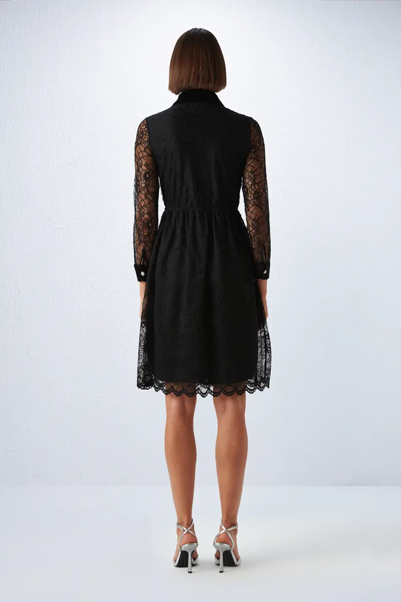 Velvet Trimmed Lace Dress - Black - 7
