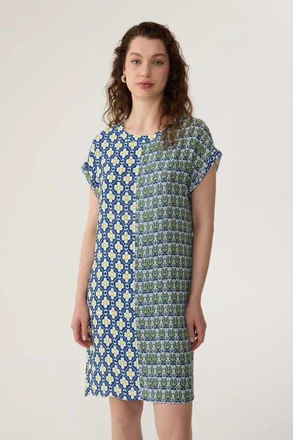 Viscose Dress with Double Patterned - Navy Blue - 2