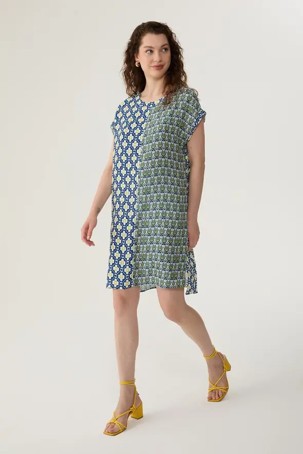 Viscose Dress with Double Patterned - Navy Blue - 3