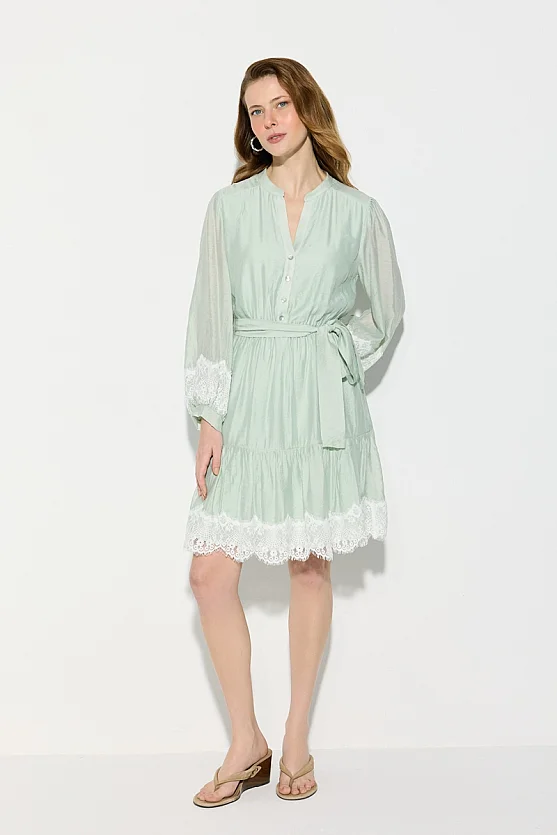 Viscose Dress with Lace Trim and Belted Waist - Green - Gusto