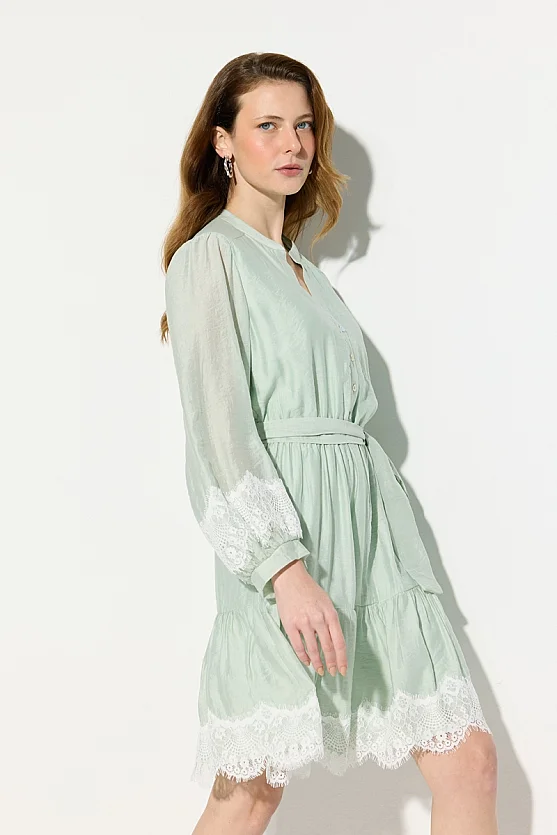 Viscose Dress with Lace Trim and Belted Waist - Green - Gusto
