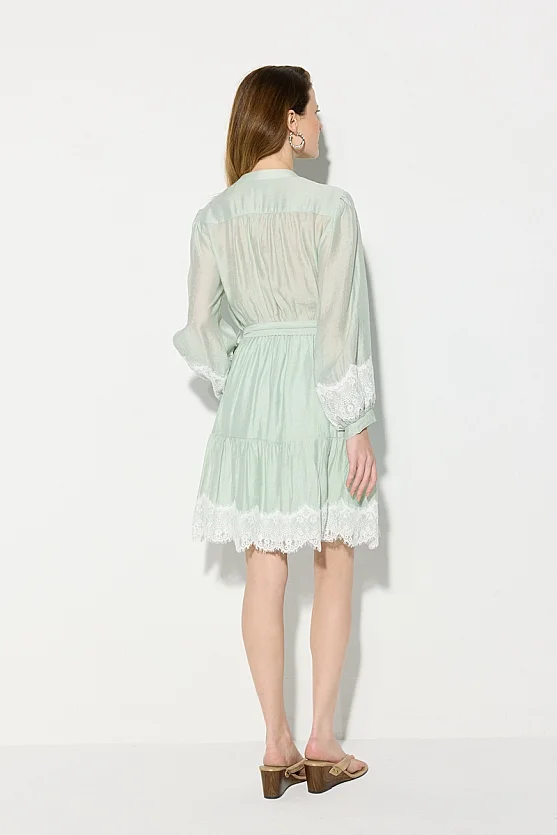 Viscose Dress with Lace Trim and Belted Waist - Green - Gusto
