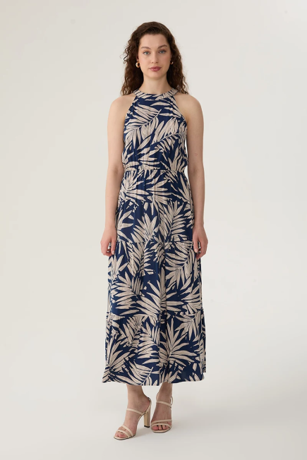 Viscose Dress with Palm Patterned - Navy Blue Navy Blue