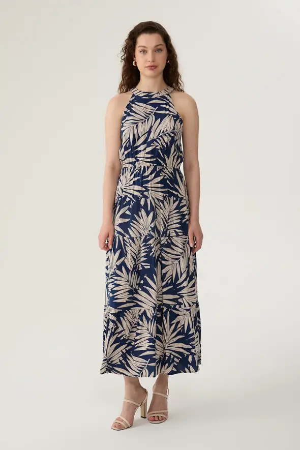 Viscose Dress with Palm Patterned - Navy Blue - 1