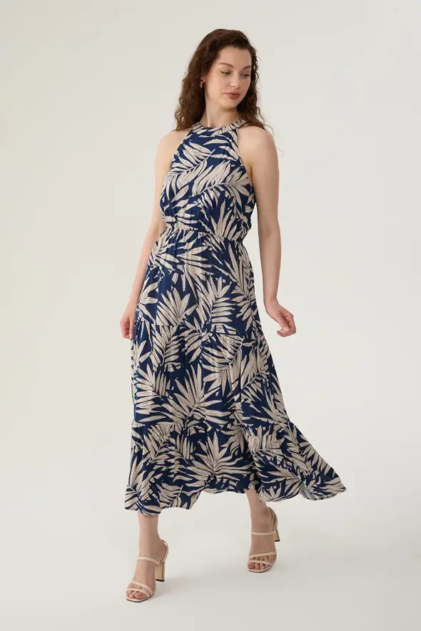 Viscose Dress with Palm Patterned - Navy Blue - 3