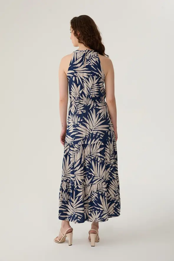 Viscose Dress with Palm Patterned - Navy Blue - 5