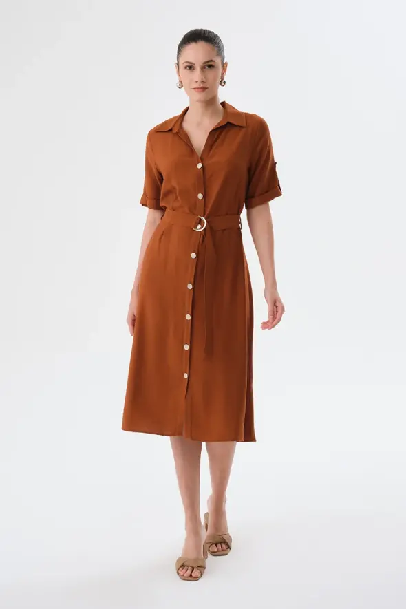 Viscose Dress with Waist Belt - Brown - 2