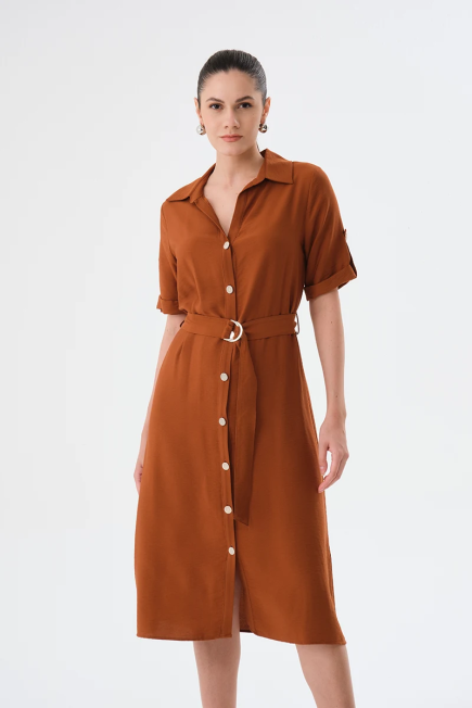 Viscose Dress with Waist Belt - Brown Brown
