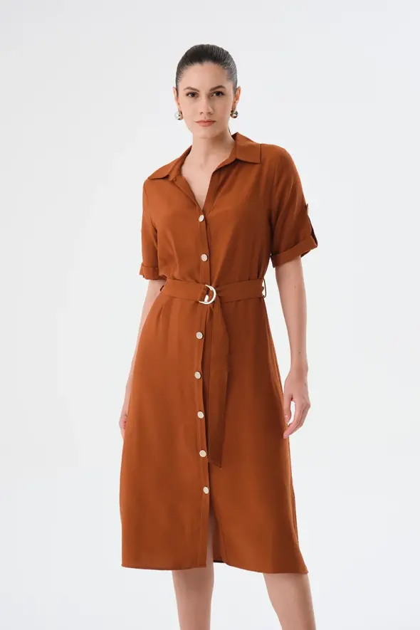 Viscose Dress with Waist Belt - Brown - 1