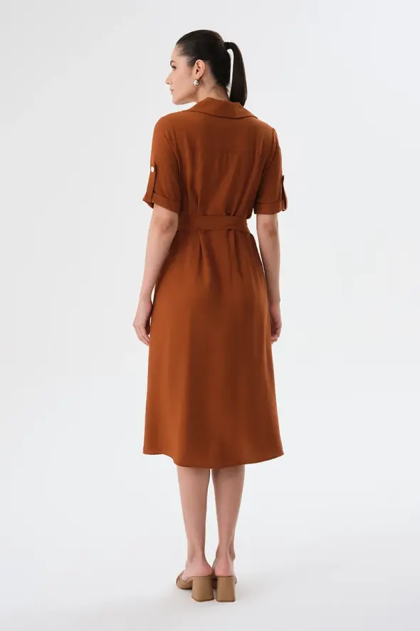 Viscose Dress with Waist Belt - Brown - 4