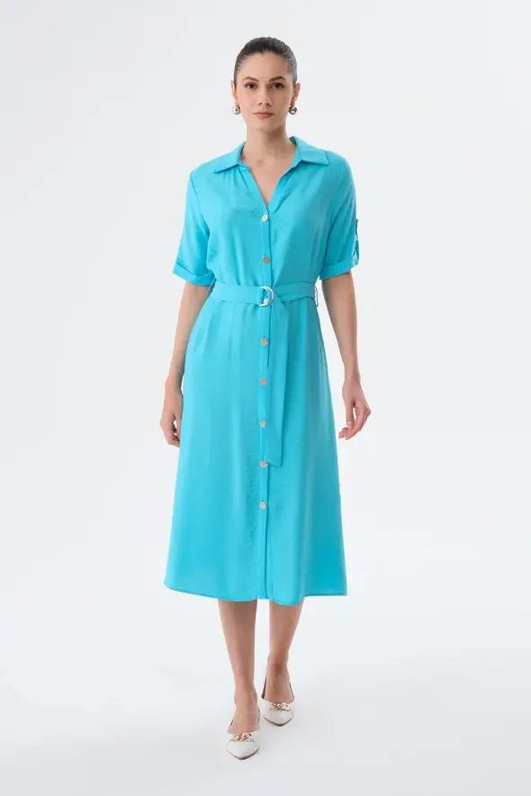 Viscose Dress with Waist Belt - Turquoise - 2