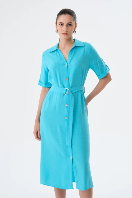Viscose Dress with Waist Belt - Turquoise Turquoise