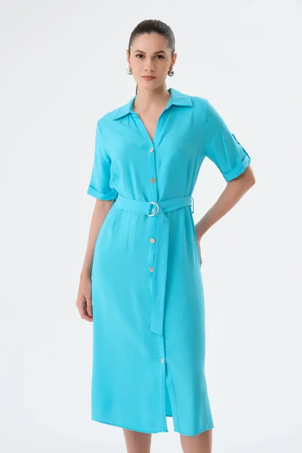 Viscose Dress with Waist Belt - Turquoise - 1