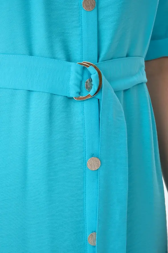 Viscose Dress with Waist Belt - Turquoise - 4