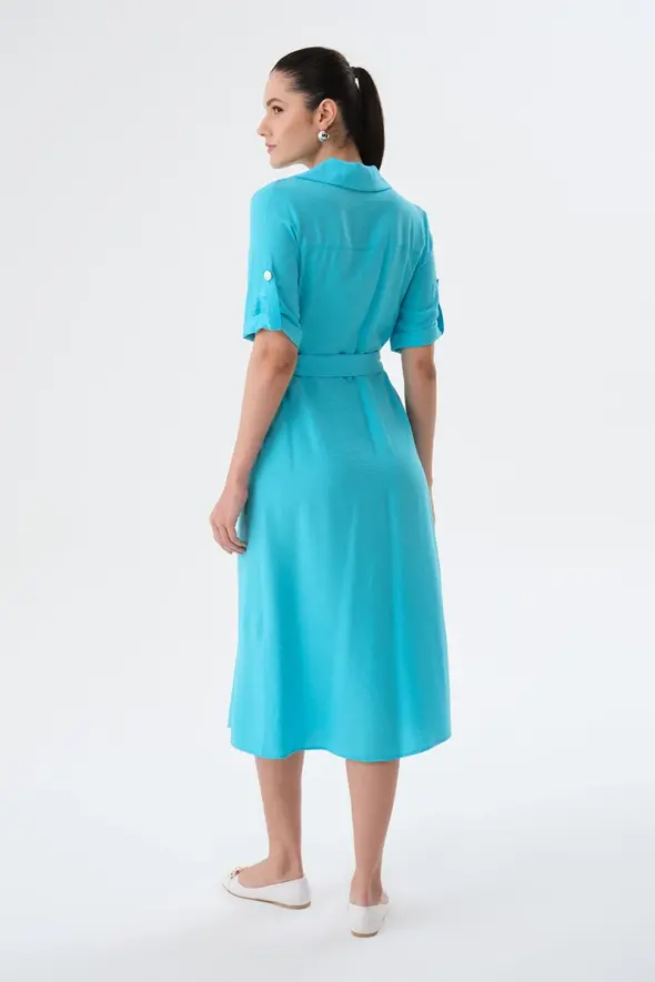 Viscose Dress with Waist Belt - Turquoise - 5