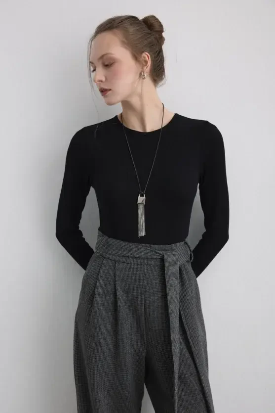 Viscose Jumpsuit with Belted Waist - Black - 2