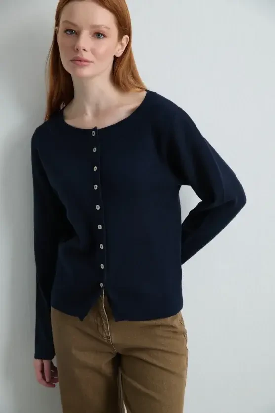 Viscose Knit Cardigan - Navy Blue - Gusto