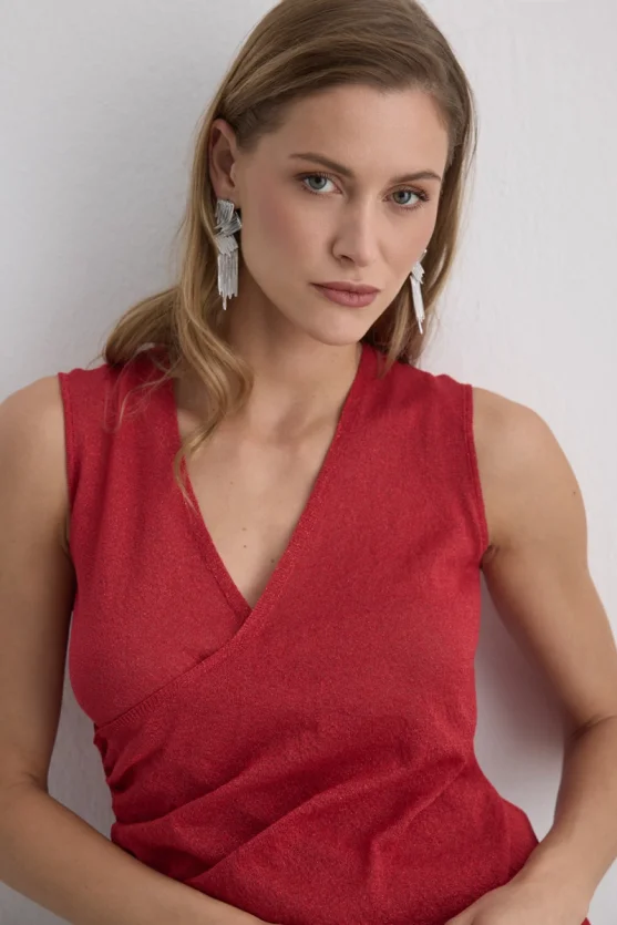 Viscose Knit Sparkly Blouse Red - 3