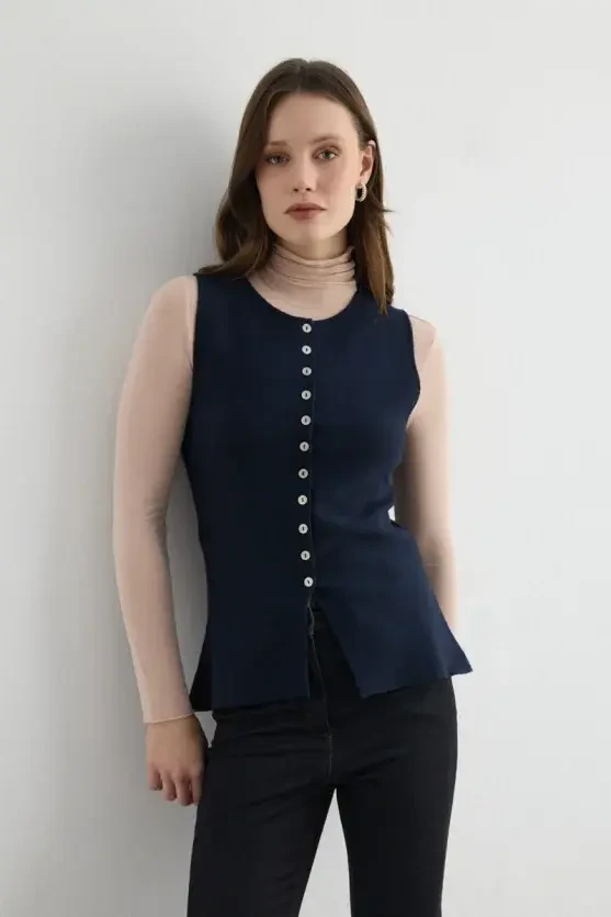 Viscose Knit Vest - Navy Blue - Gusto
