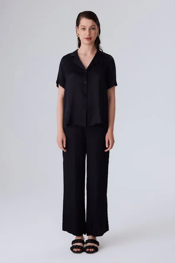 Viscose Satin Shirt with Short Sleeve - Black - 3