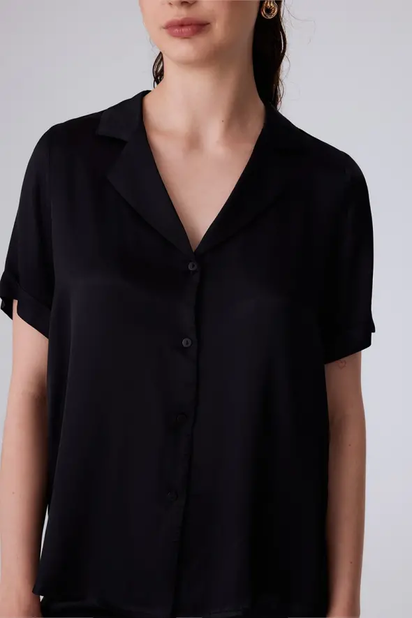 Viscose Satin Shirt with Short Sleeve - Black - 4