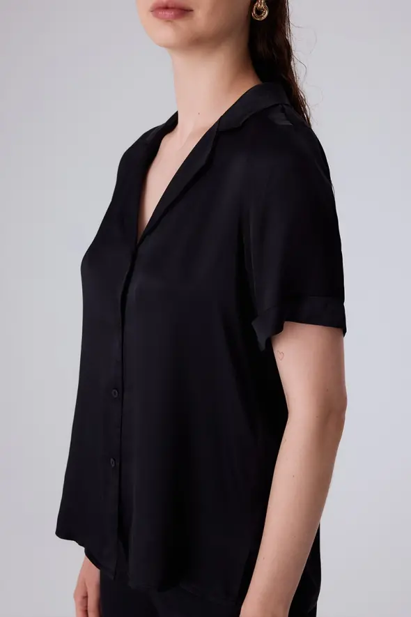 Viscose Satin Shirt with Short Sleeve - Black - 5