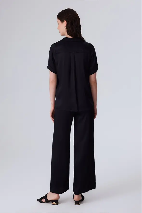 Viscose Satin Shirt with Short Sleeve - Black - 6