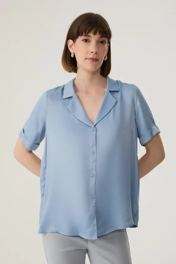 Viscose Satin Shirt with Short Sleeve - Blue - 1