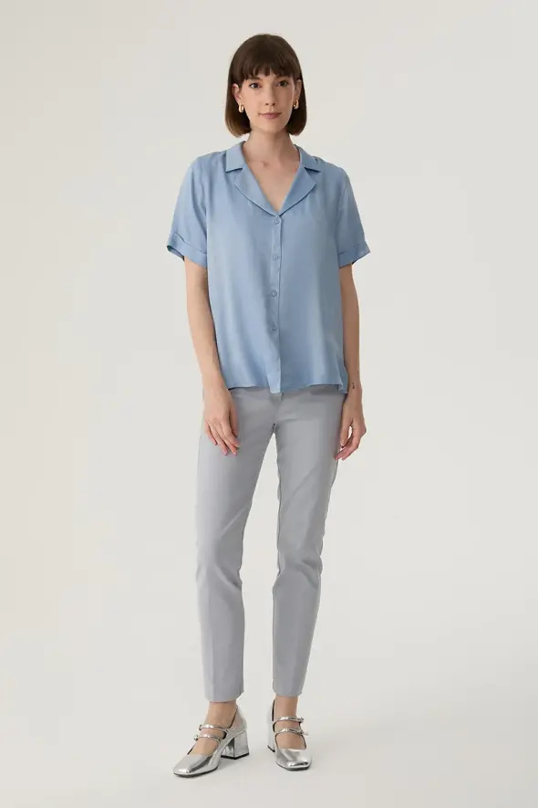 Viscose Satin Shirt with Short Sleeve - Blue - 2