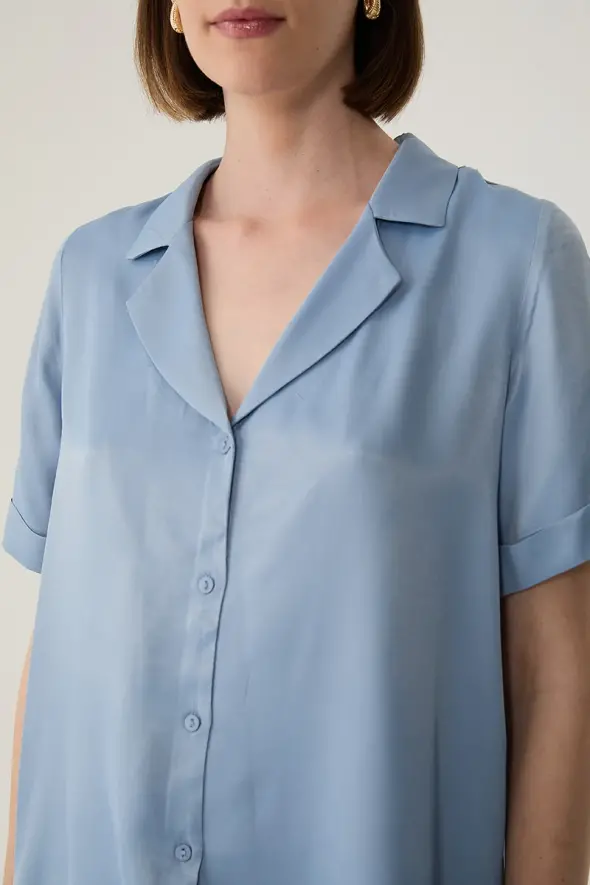 Viscose Satin Shirt with Short Sleeve - Blue - 3