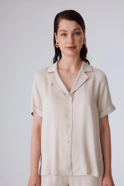 Viscose Satin Shirt with Short Sleeve - Stone Stone