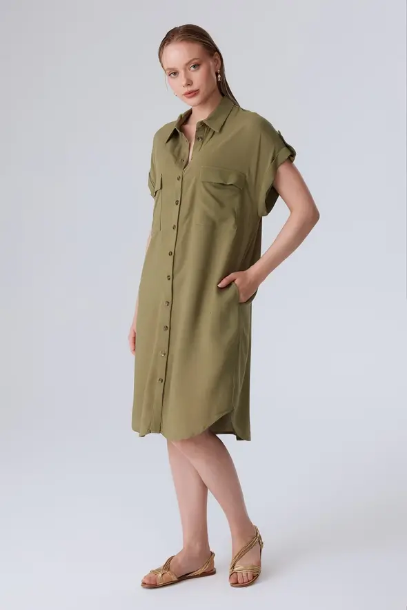 Viscose Shirt Dress with Pocket - Khaki - 2