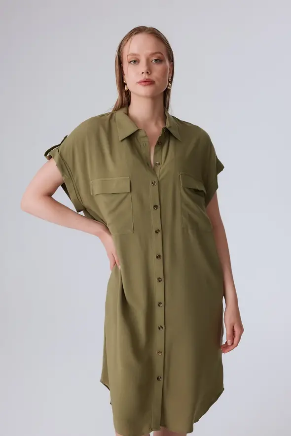 Viscose Shirt Dress with Pocket - Khaki - 5