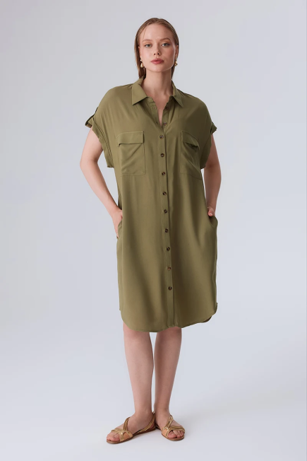 Viscose Shirt Dress with Pocket - Khaki Khaki