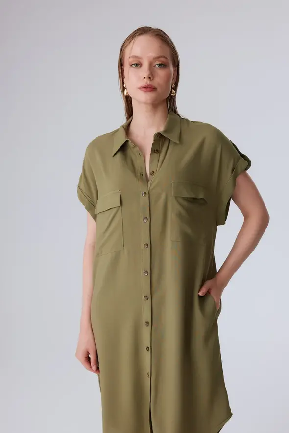 Viscose Shirt Dress with Pocket - Khaki - 4