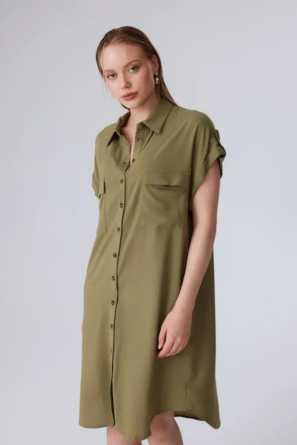 Viscose Shirt Dress with Pocket - Khaki - 3