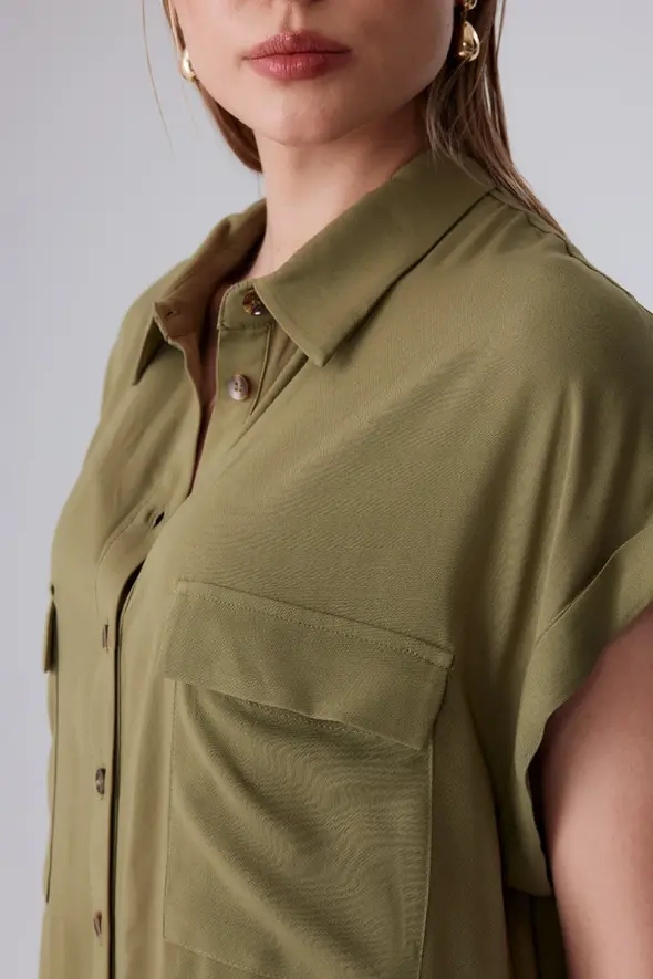 Viscose Shirt Dress with Pocket - Khaki - 6