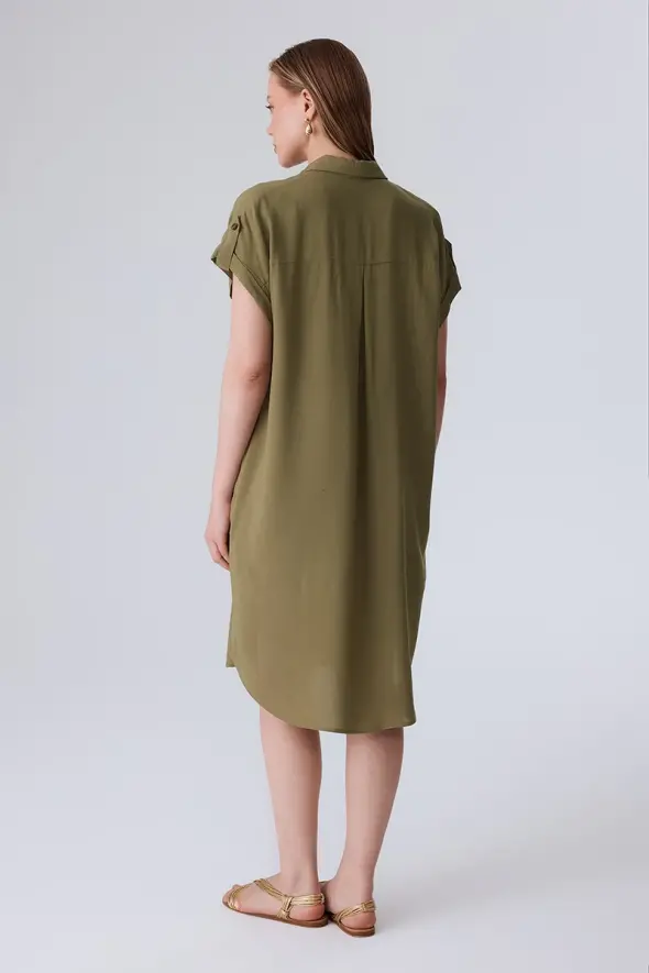 Viscose Shirt Dress with Pocket - Khaki - 7