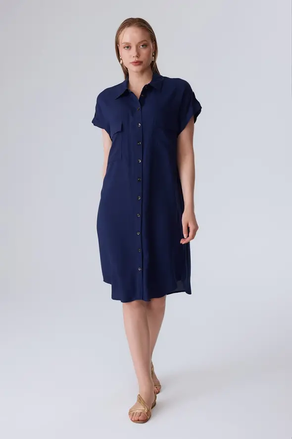 Viscose Shirt Dress with Pocket - Navy Blue - 1