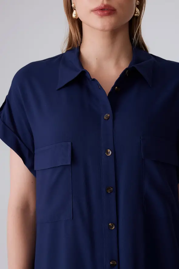 Viscose Shirt Dress with Pocket - Navy Blue - 5