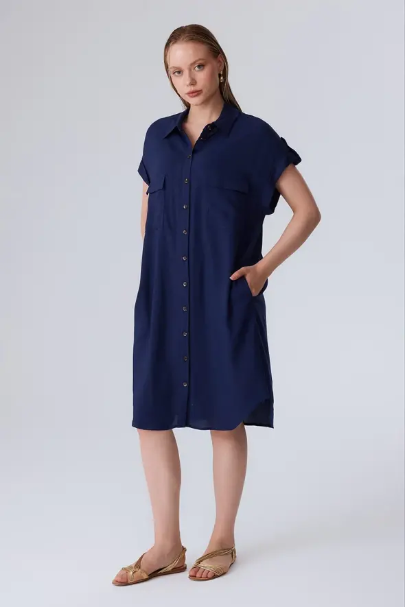 Viscose Shirt Dress with Pocket - Navy Blue - 2