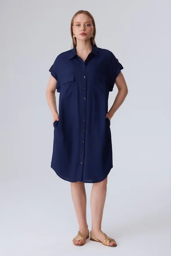 Viscose Shirt Dress with Pocket - Navy Blue - 3