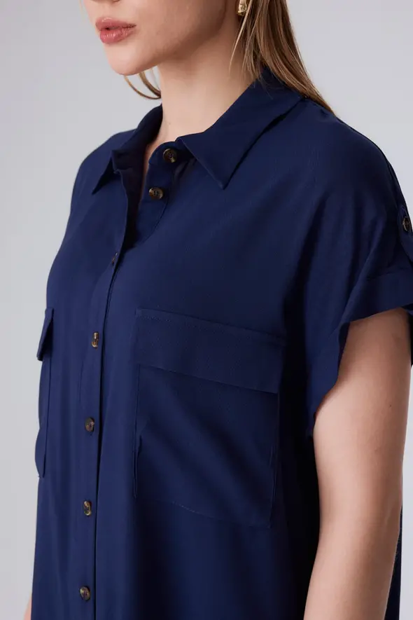 Viscose Shirt Dress with Pocket - Navy Blue - 6