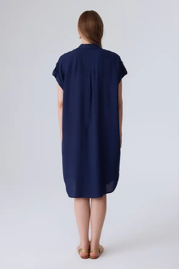 Viscose Shirt Dress with Pocket - Navy Blue - 7