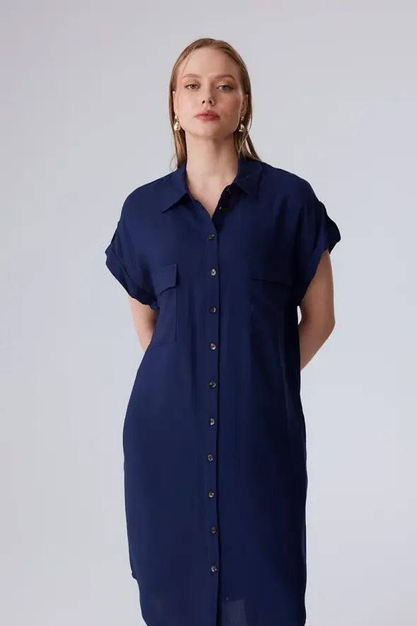 Viscose Shirt Dress with Pocket - Navy Blue - 4