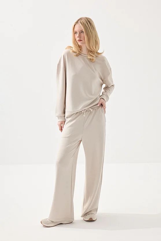 Viscose Wide Leg Sweatpants - Beige - 4