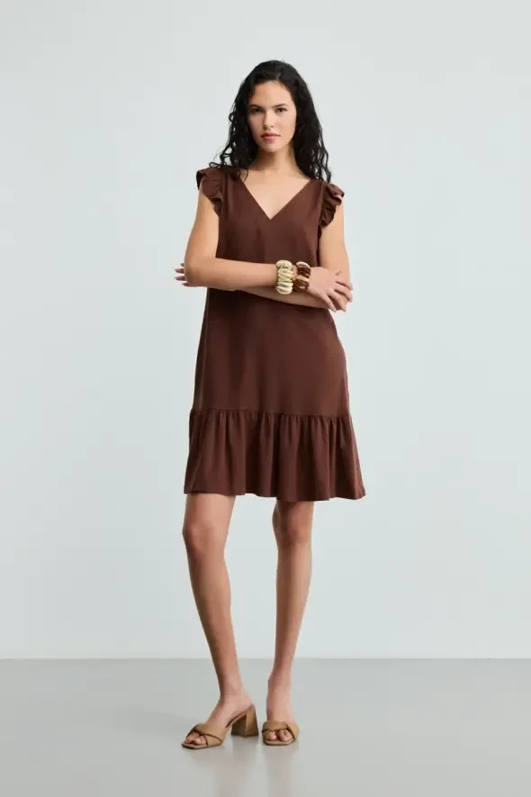 Voluminous Linen Dress - Brown - 2