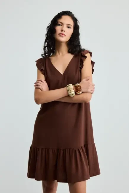 Voluminous Linen Dress - Brown Brown